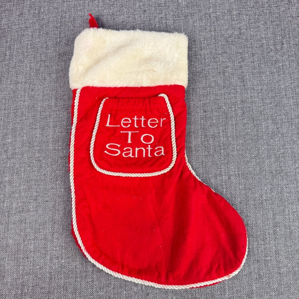 Vintage Christmas Stocking Red White Letter To Santa Pocket Faux Fur